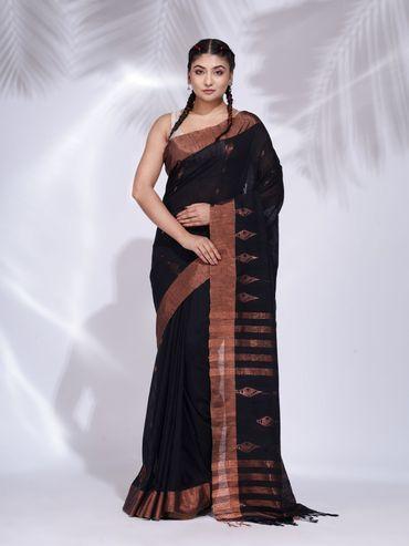 black pure cotton handwoven saree with copper zari border with unstitched blouse