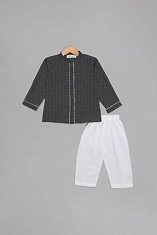 black pure cotton striped kurta set for boys