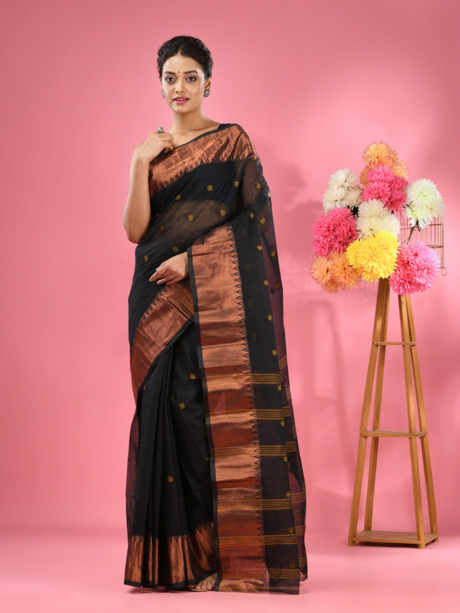 black pure cotton tant zari border saree without blouse