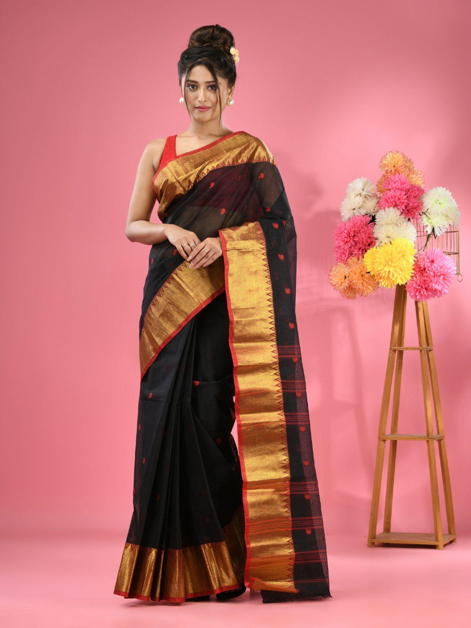 black pure cotton tant zari border saree without blouse