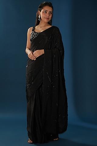 black pure crepe draped saree set