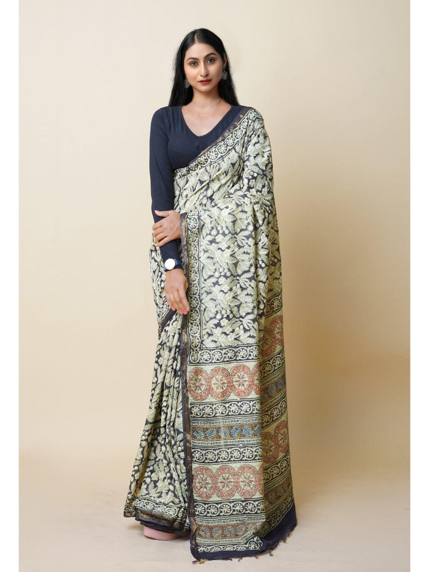 black pure discharge bagru printed pashmina sico saree with unstitched blouse