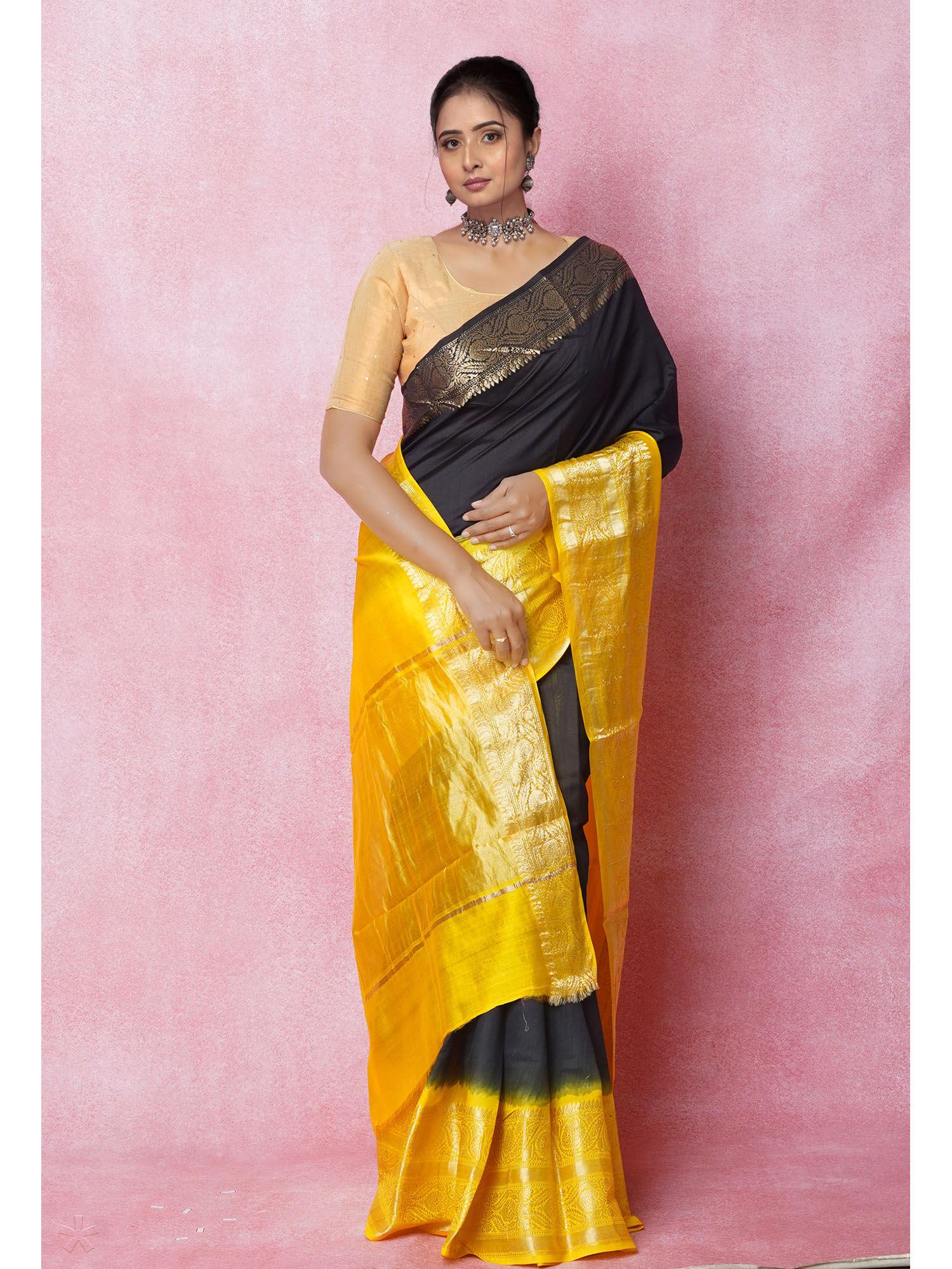 black pure dyed banarasi chania silk saree with unstitched blouse