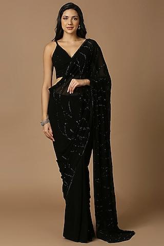 black pure georgette cutdana embellished saree set