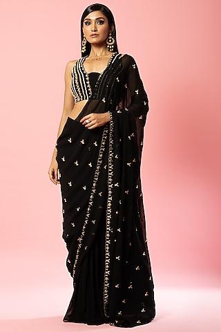 black pure georgette embroidered pre-stitched saree set