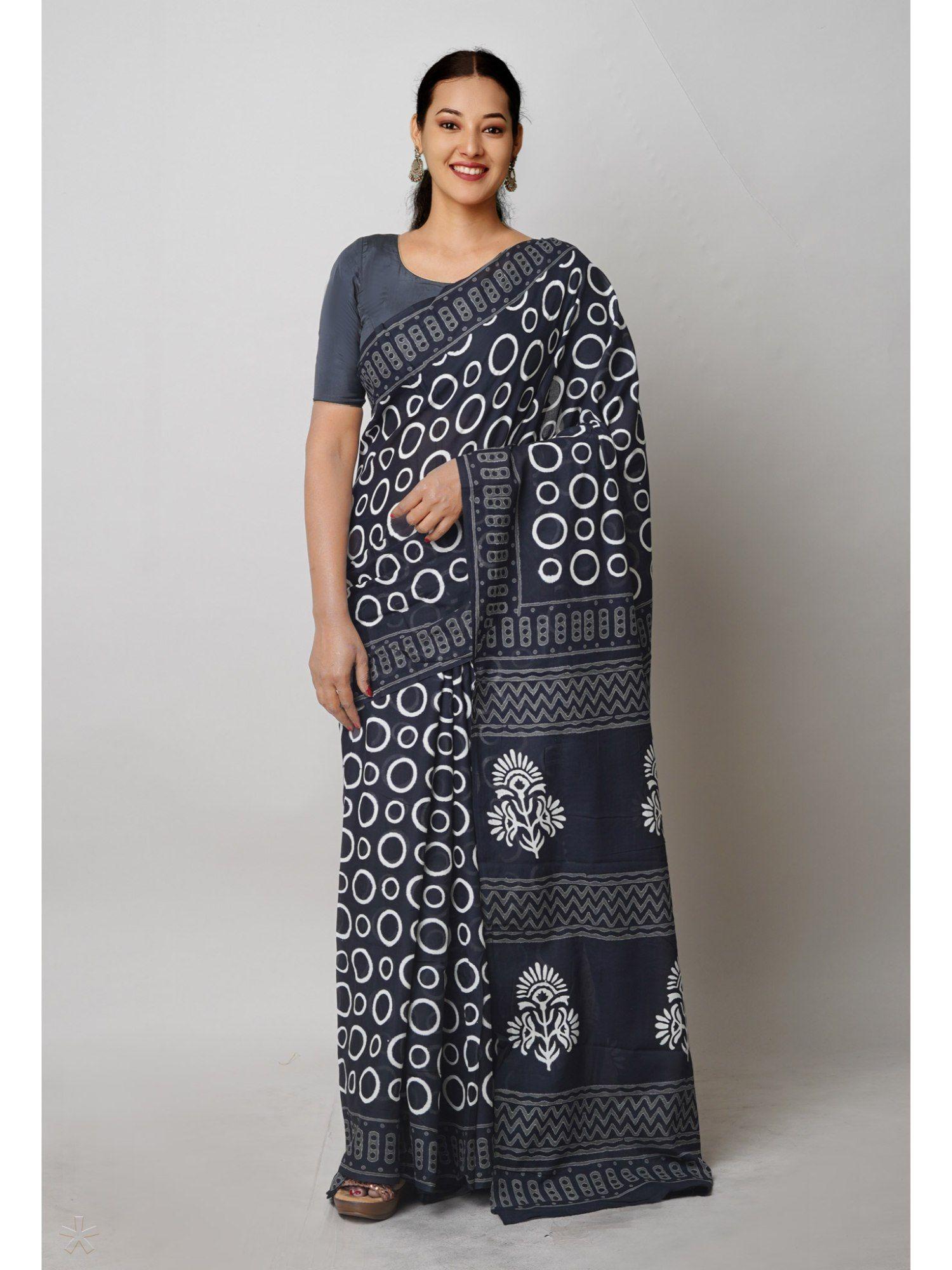 black pure hand block printed cotton saree with unstitched blouse unm74722