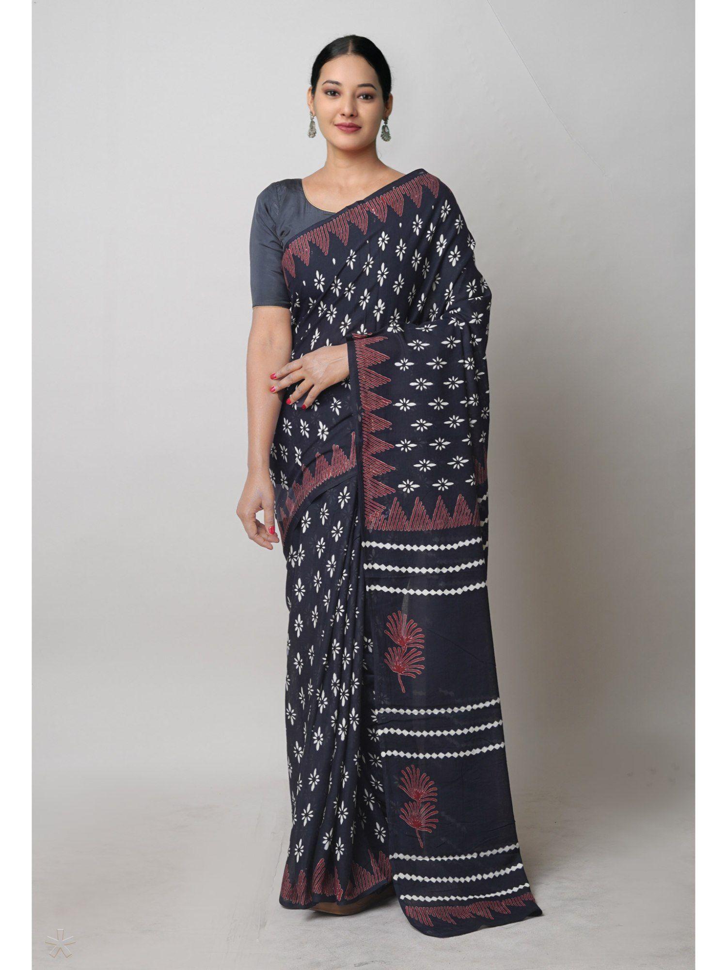 black pure hand block printed cotton saree with unstitched blouse unm74725