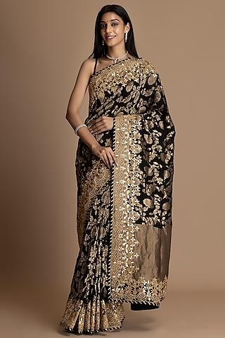 black pure khaddi georgette embellished banarasi saree set