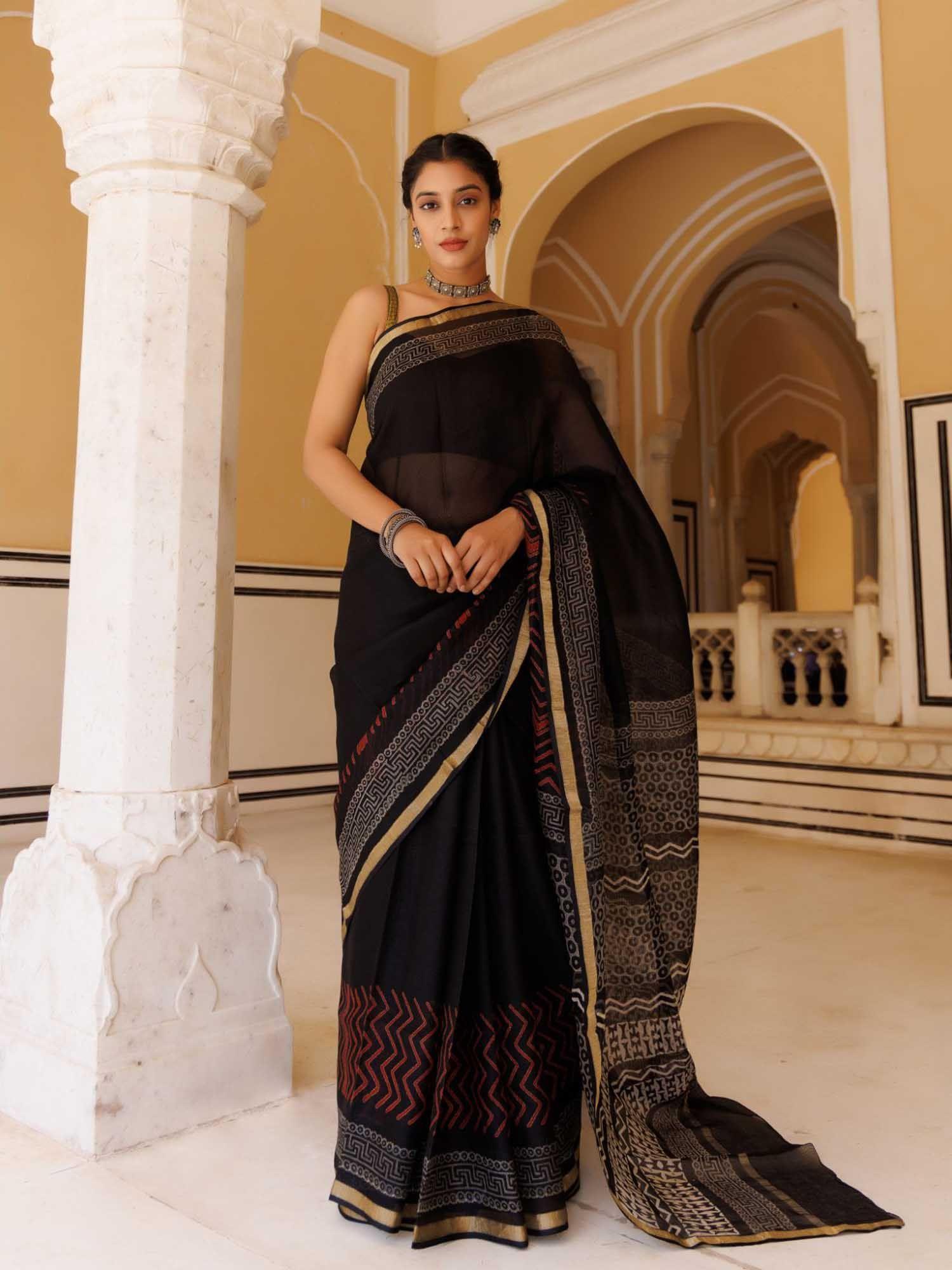 black pure kota silk hand block printed saree with unstitched blouse