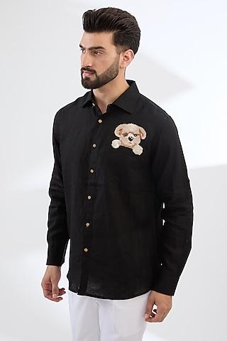 black pure linen thread embroidered shirt
