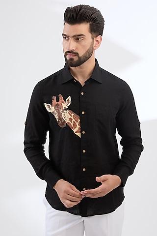 black pure linen thread embroidered shirt