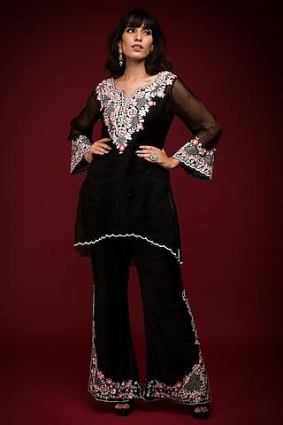 black pure organza resham embroidered kurta set
