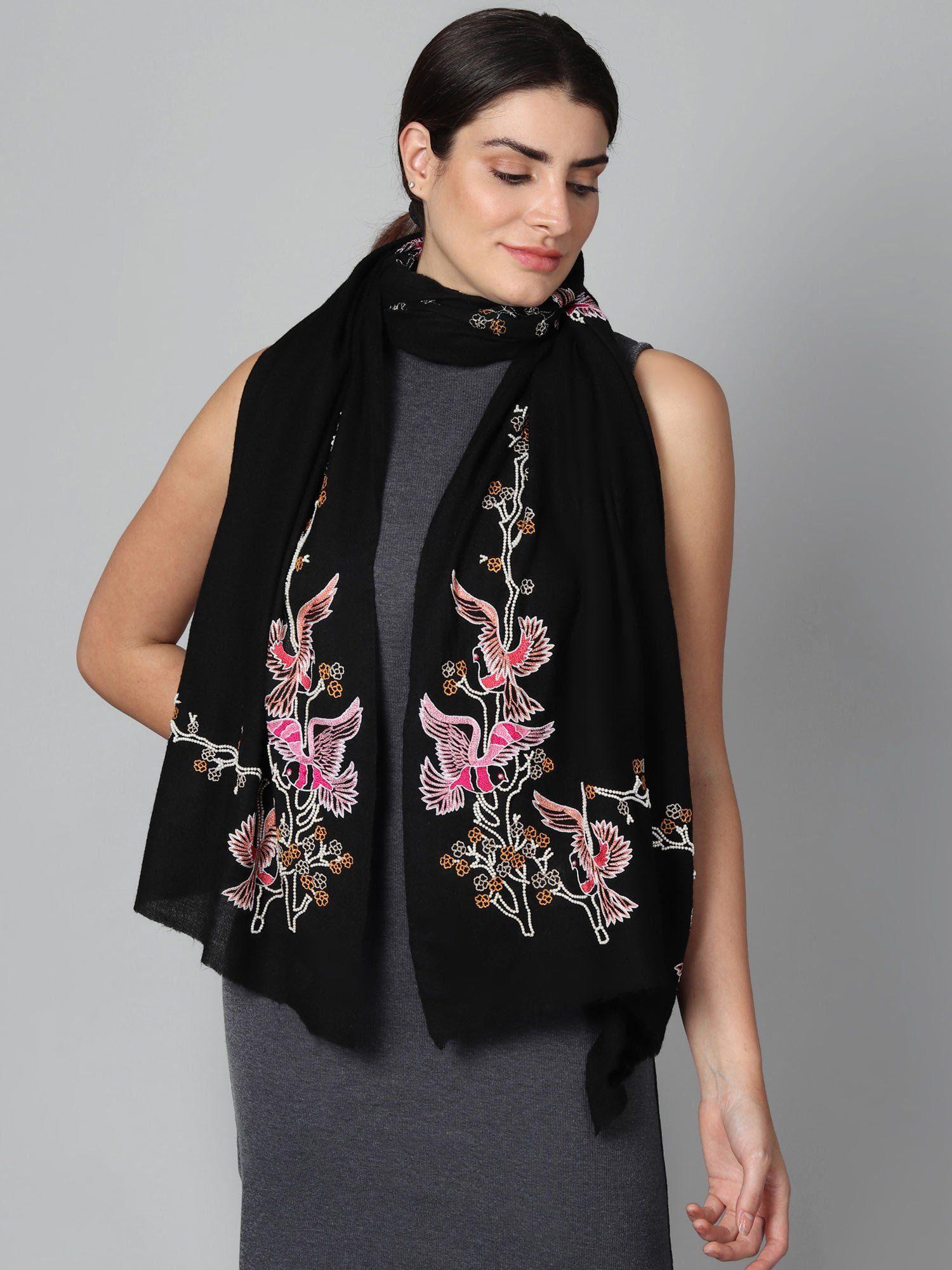 black pure pashmina stole with beautiful birds hand embroidery