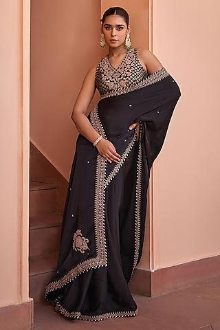 black pure satin dori & bead embroidered saree set