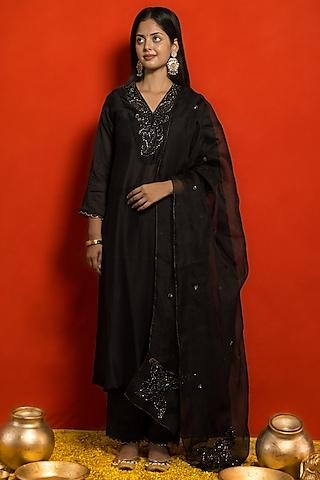 black pure silk chanderi thread & sequins embroidered kurta set