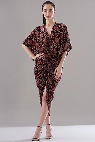 black pure silk crepe printed dress