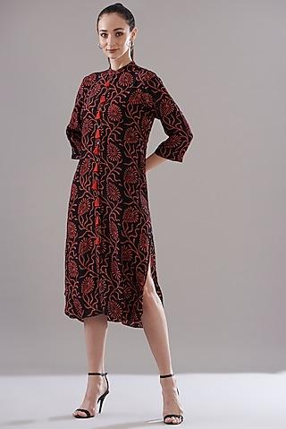 black pure silk crepe printed dress