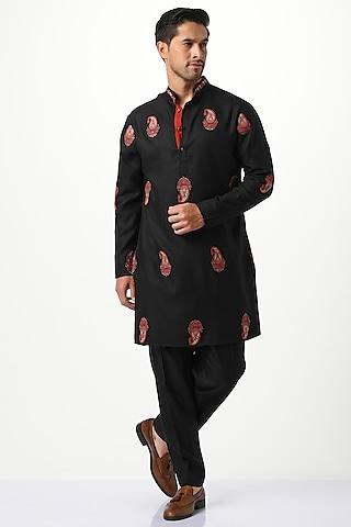black pure silk embroidered kurta set
