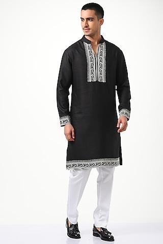 black pure silk embroidered kurta set