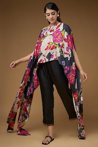 black pure silk floral printed cape