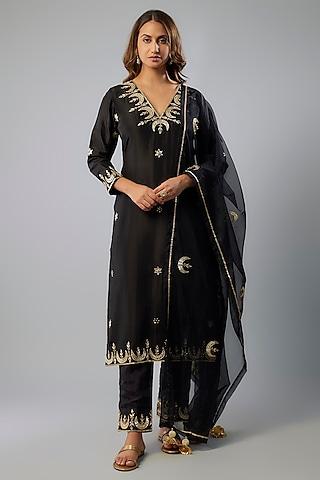 black pure spun silk hand embroidered kurta set