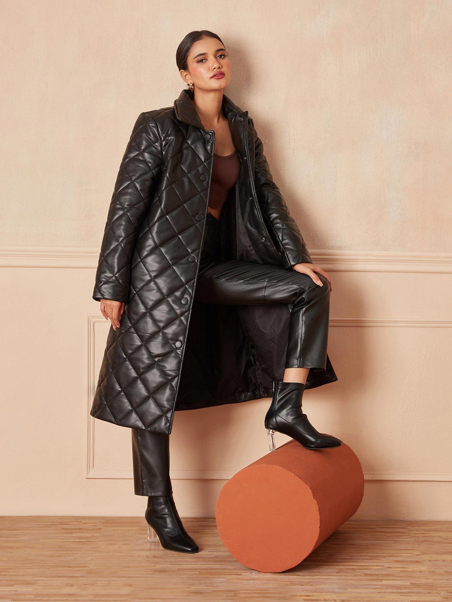 black quilted knee length faux leather duvet overcoat