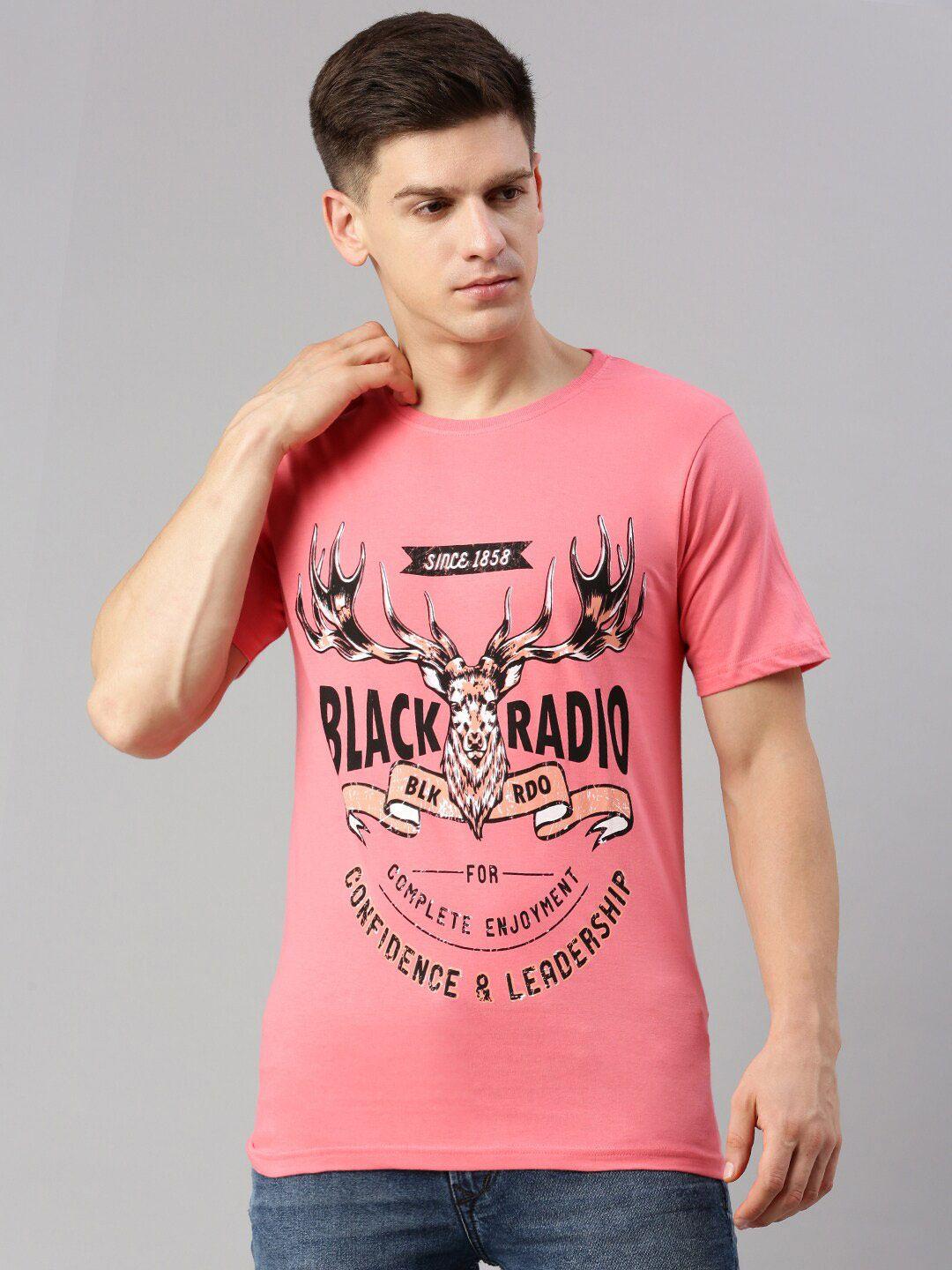 black radio typography printed round neck pure cotton t-shirt