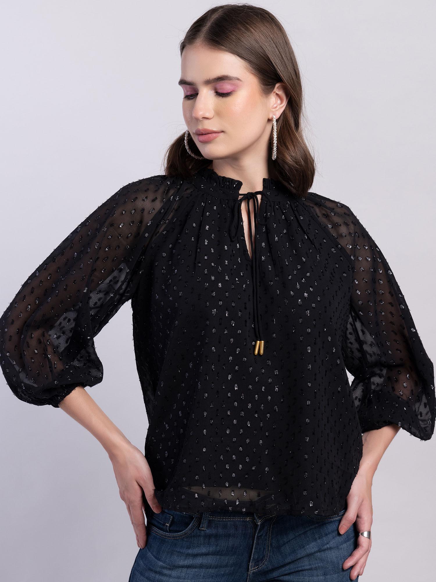 black raglan sleeve front tie up blouse