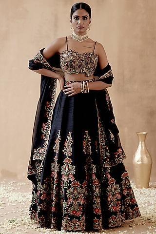 black raw silk embellished lehenga set