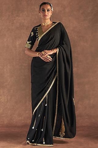 black raw silk embellished saree set