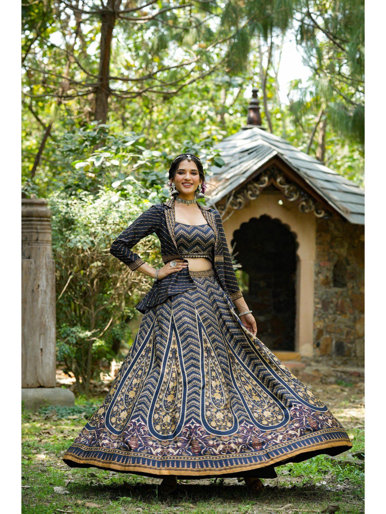 black raw silk floral print fusion lehenga choli with attached blazer jacket (set of 2)