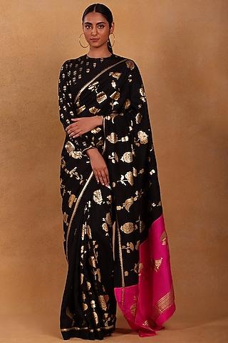 black raw silk foil printed saree