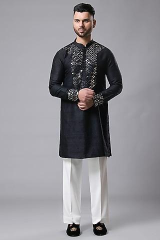 black raw silk mirror work kurta set