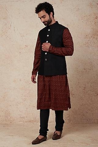 black raw silk nehru jacket