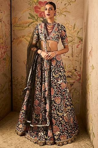 black raw silk printed & embroidered lehenga set