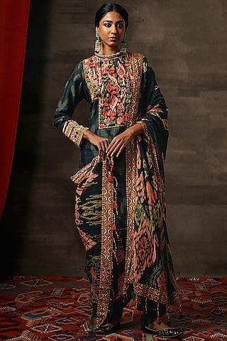 black raw silk printed & zari work kurta set