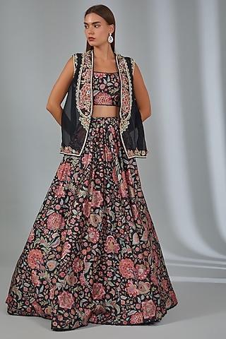 black raw silk printed jacket lehenga set