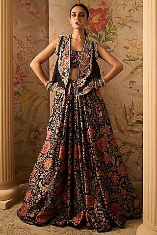 black raw silk printed jacket lehenga set