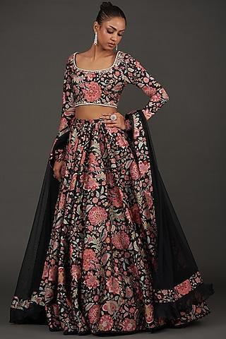 black raw silk printed lehenga set