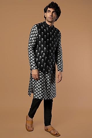 black raw silk straight kurta set with bundi jacket