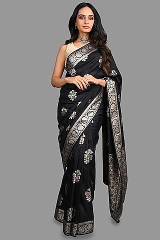 black raw silk zari work banarasi saree set