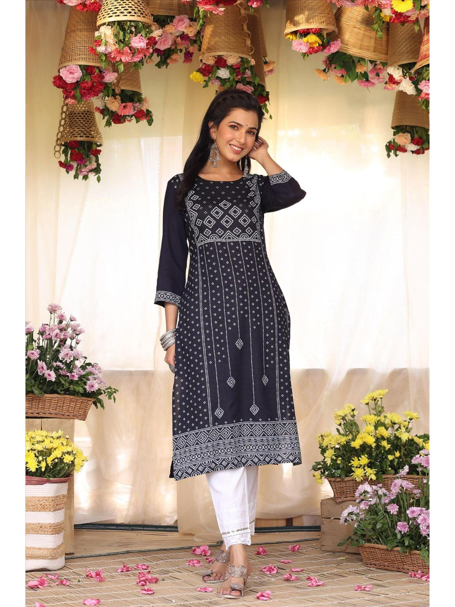 black rayon bandhani print straight kurta