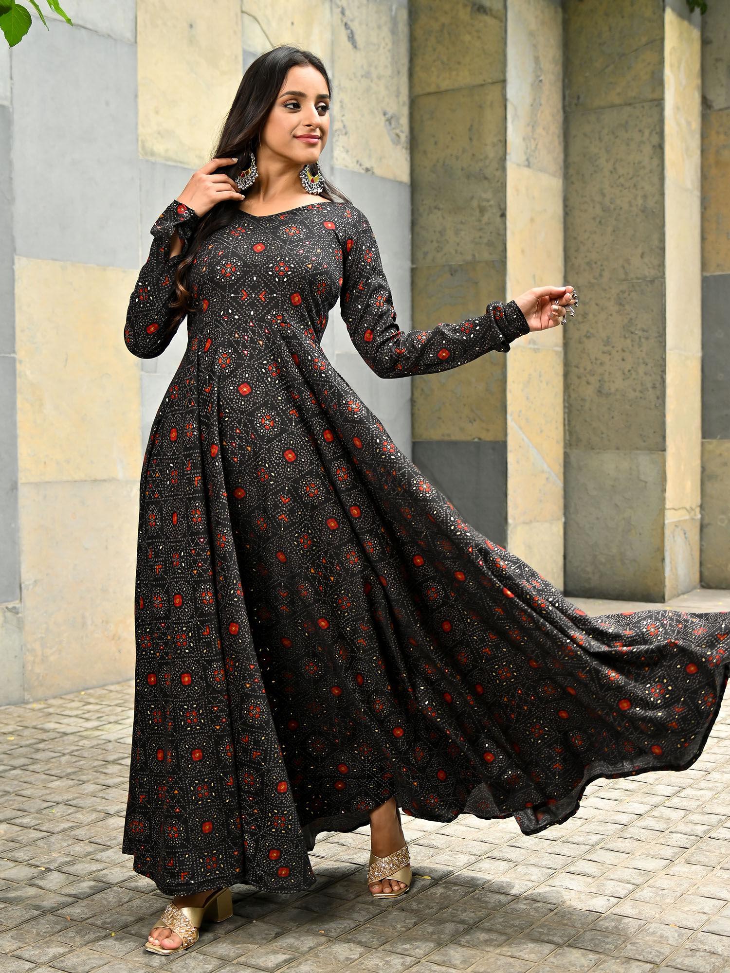 black rayon bandini print fit and flare dress