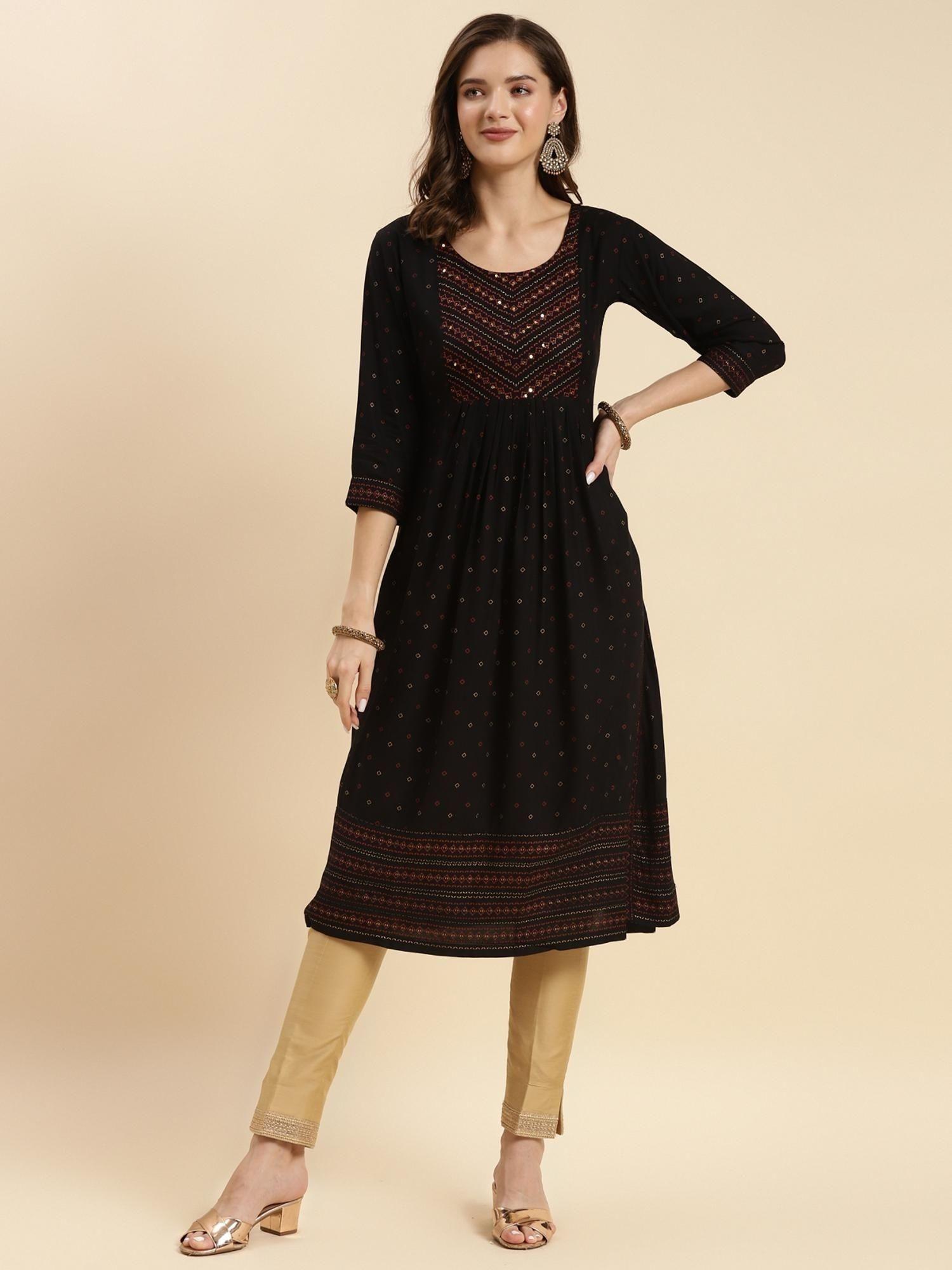 black rayon embroidered calf length a-line kurta