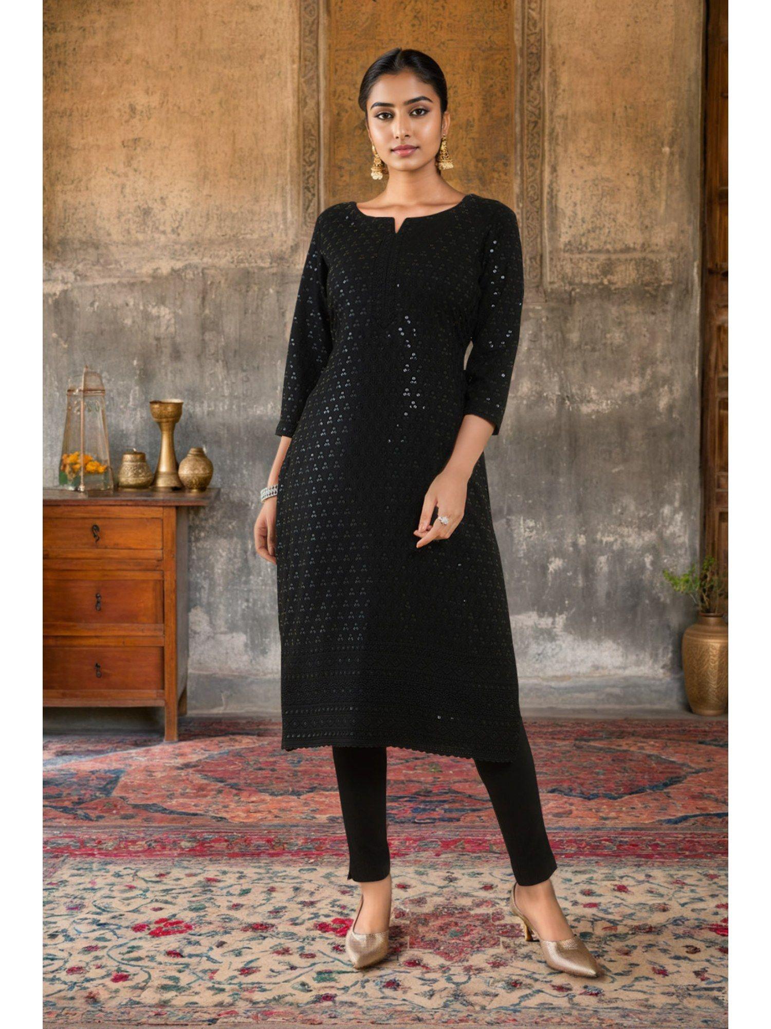 black rayon embroidered kurta