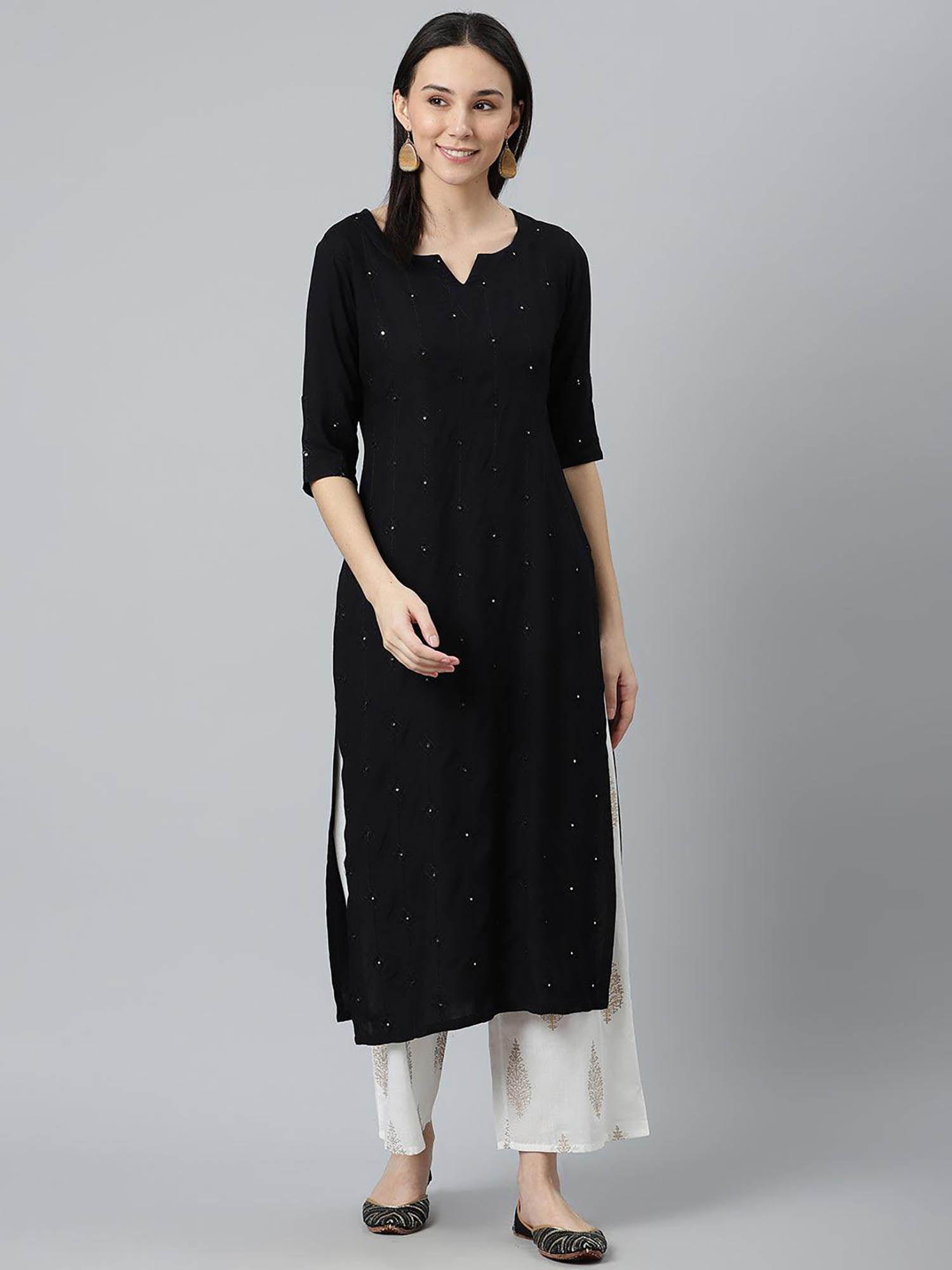 black rayon embroidered mirror work straight kurta