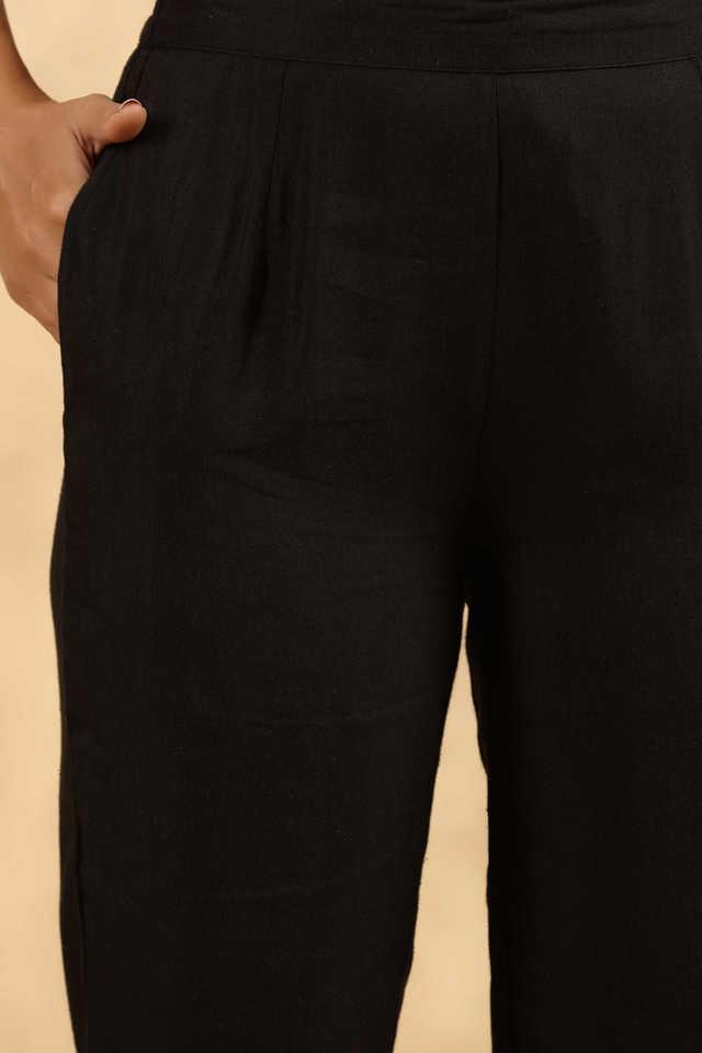 black rayon flex solid slim fit pants with partially elasticated waistband