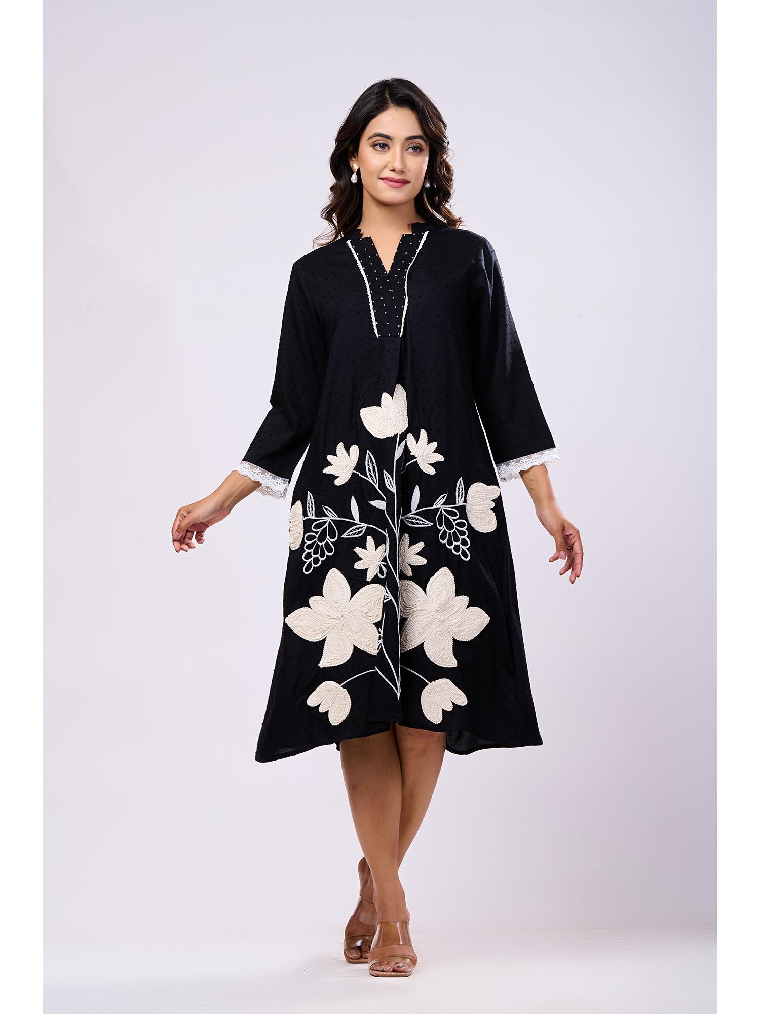 black rayon floral embroidered midi dress