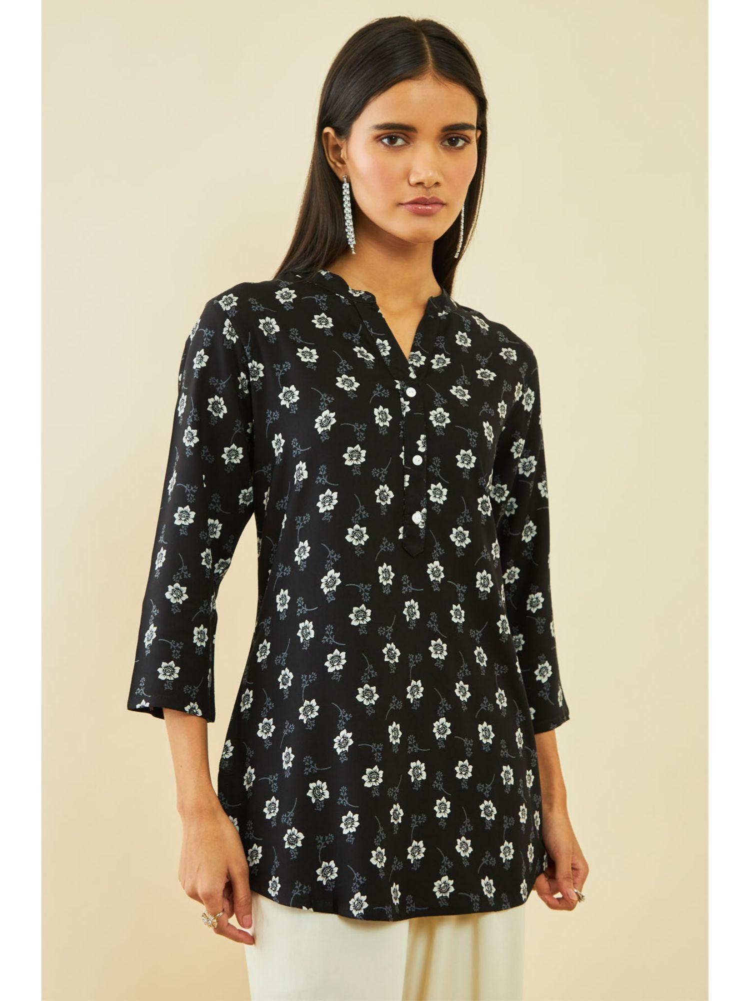 black rayon floral print tunic