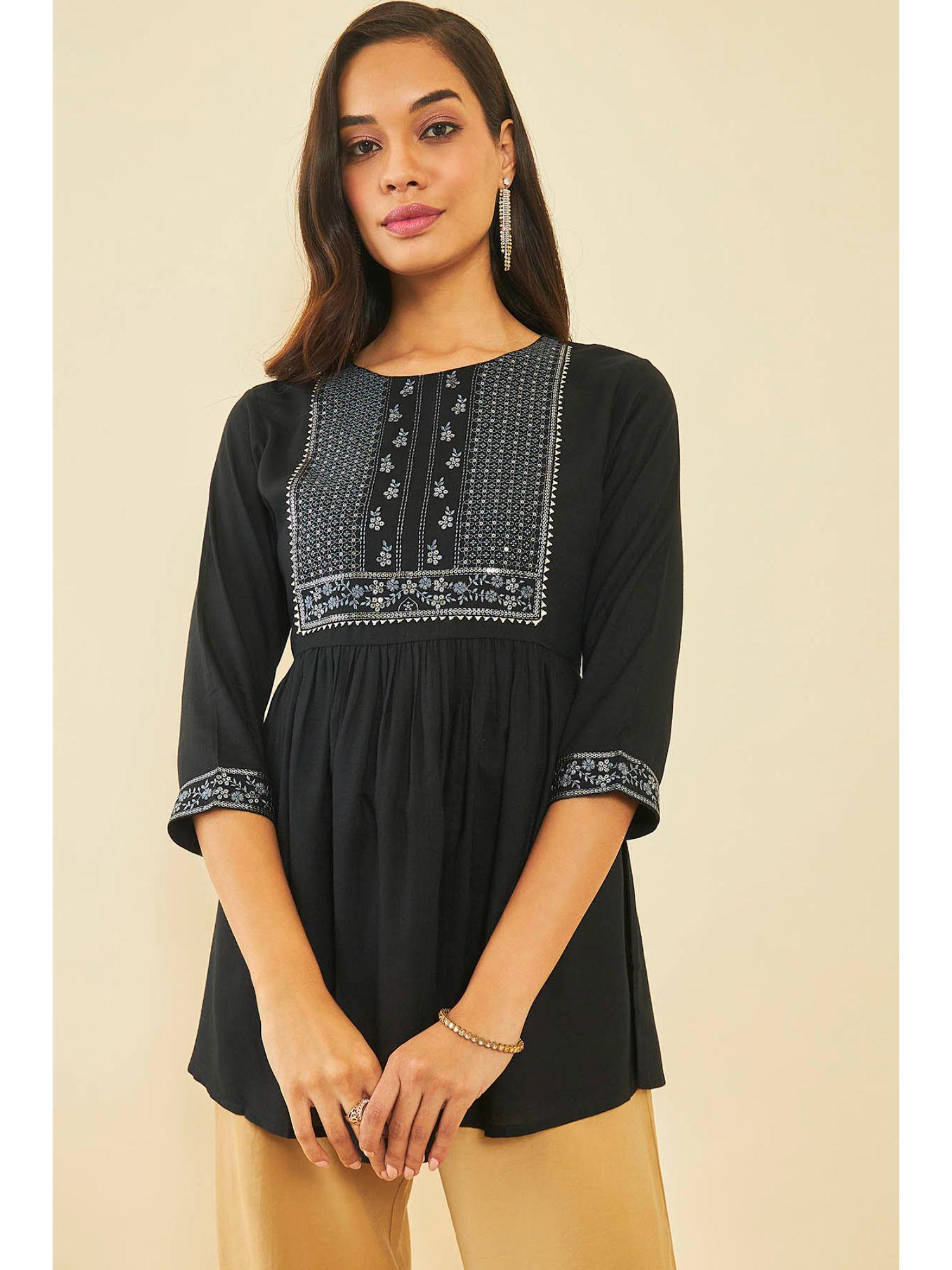 black rayon floral print tunic